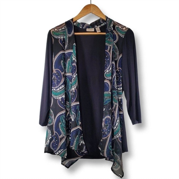 Chico's Draped Open Front Paisley Print Cardigan Black Size 1 / Medium - Picture 1 of 7